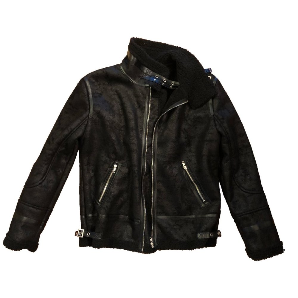 Jacket Ladies Faux Shearling Aviator Biker Blck XL